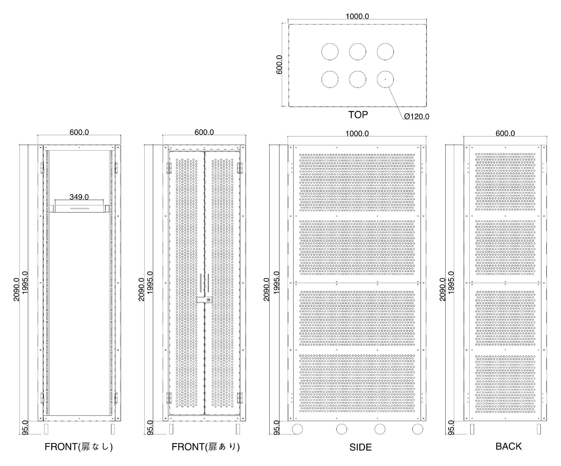 ステンレス製サーバーラック参考図面 TOP、FRONT、SIDE、BACK