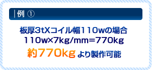 例1.板厚3tXコイル幅110wの場合
 110w×7kg/mm＝770kg 約770kgより製作可能